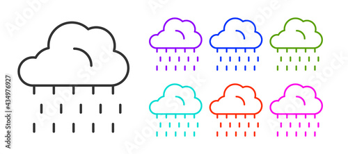 Black line Cloud with rain icon isolated on white background. Rain cloud precipitation with rain drops. Set icons colorful. Vector