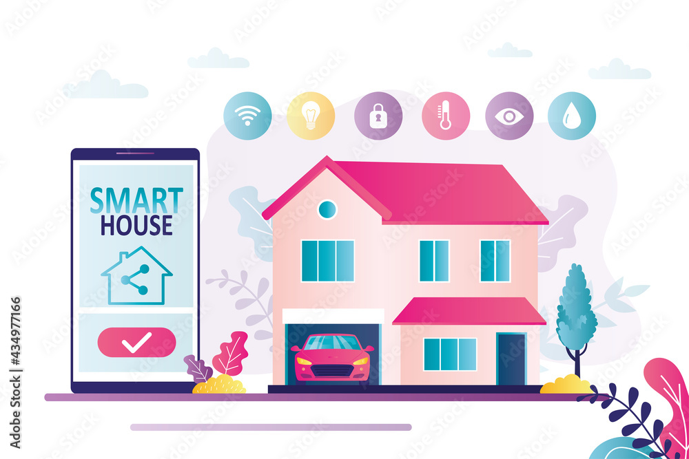 Mobile phone with smart home app. Various web icons. Smart house building. House with automated home security, lighting, other systems controlled via cellphone