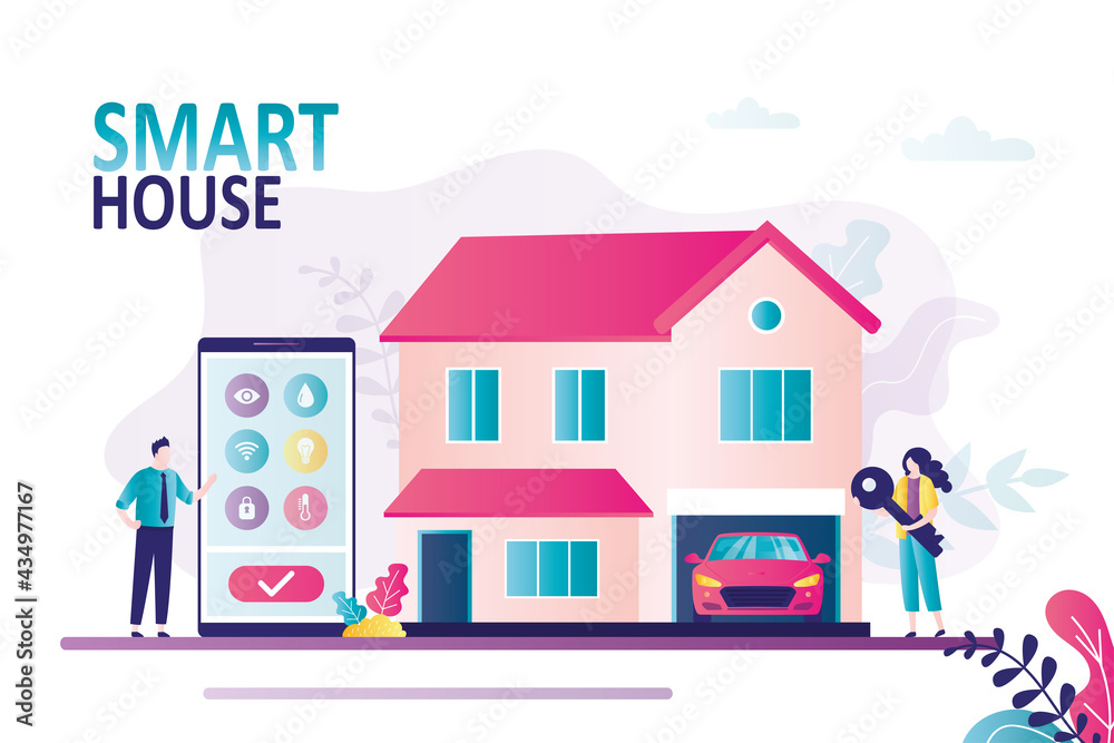 Obraz premium Man controls smart home through app on smartphone. Different smart house functions on phone screen