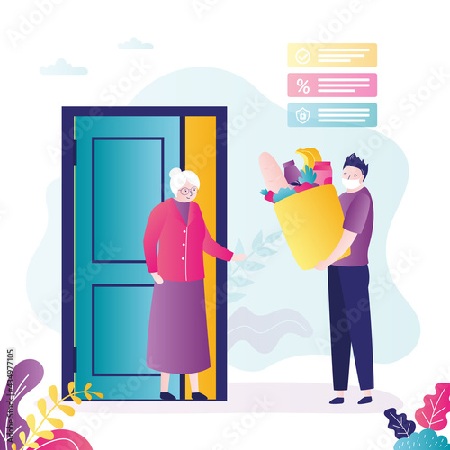 Man in medical mask delivers food to elderly woman. Grandmother uses home delivery services