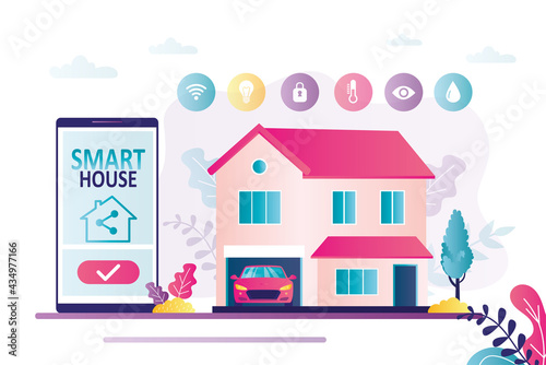 Mobile phone with smart home app. Various web icons. Smart house building. House with automated home security  lighting  other systems controlled via cellphone