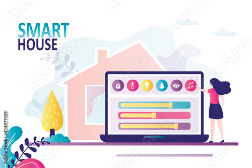 Female character controls smart home from laptop. Icons of various smart house functions on computer screen