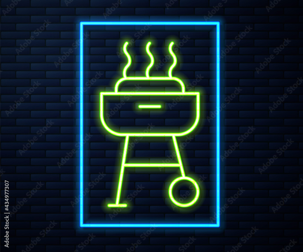 Glowing neon line Barbecue grill icon isolated on brick wall background. BBQ grill party. Vector Glowing neon line Barbecue grill icon isolated on brick wall background. BBQ grill party. Vector