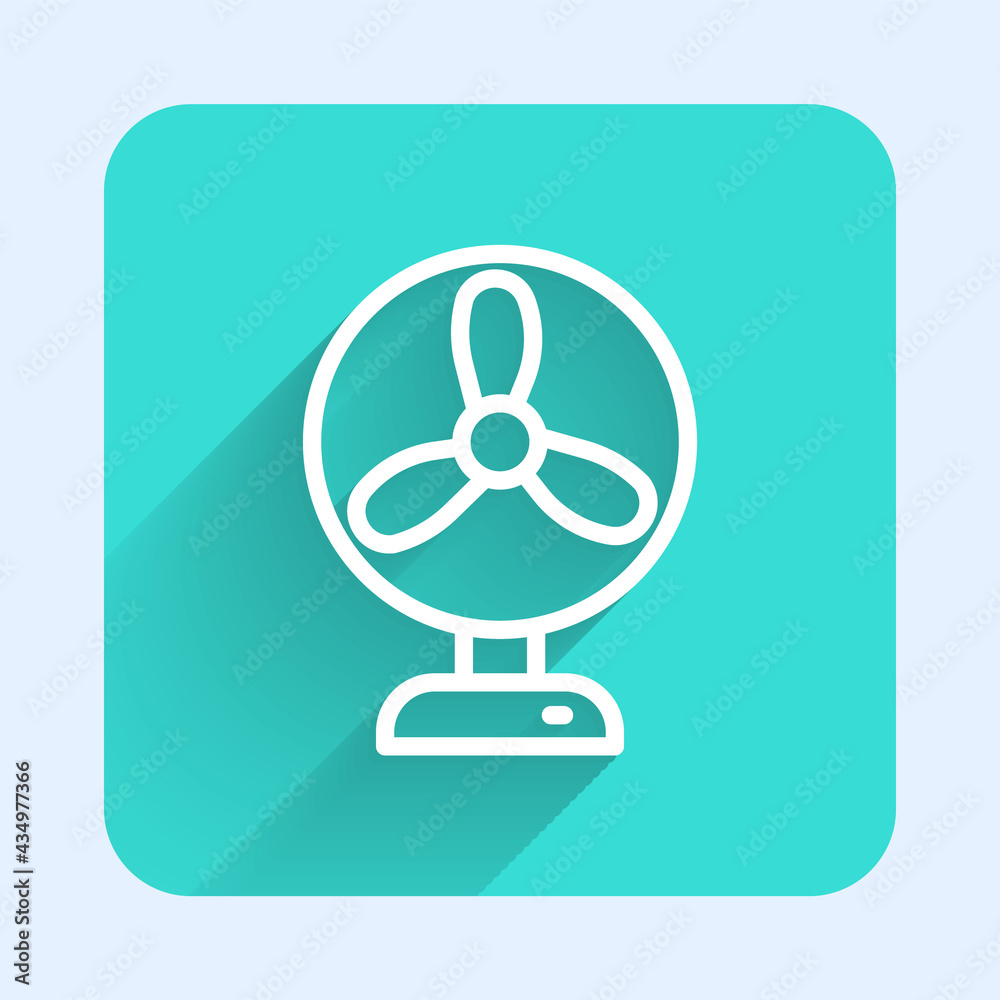 White line Electric fan icon isolated with long shadow. Green square button. Vector White line Electric fan icon isolated with long shadow. Green square button. Vector