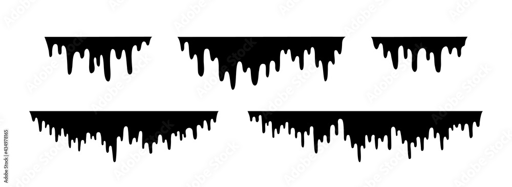 Black oil dripping. Liquid ink or paint drop on isolated background. Melted chocolate or caramel drips. Flowing syrup texture. Flat vector illustration
