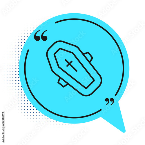 Black line Coffin with christian cross icon isolated on white background. Happy Halloween party. Blue speech bubble symbol. Vector