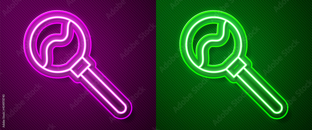Glowing neon line Lollipop icon isolated on purple and green background. Food, delicious symbol. Happy Halloween party. Vector Glowing neon line Lollipop icon isolated on purple and green background. Food, delicious symbol. Happy Halloween party. Vector