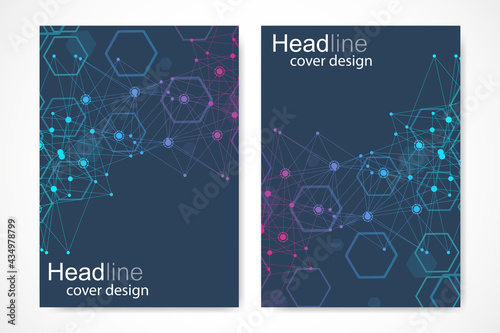 Scientific brochure design template. Vector flyer layout, Molecular structure with connected lines and dots. Scientific pattern atom DNA with elements for magazine, leaflet, cover, poster design.