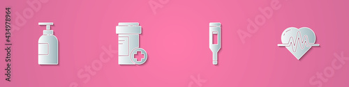 Set paper cut Hand sanitizer bottle, Medicine, Medical digital thermometer and Heart rate icon. Paper art style. Vector