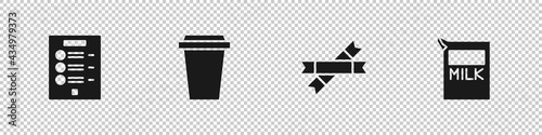 Set Coffee menu, cup to go, Sugar stick packets and Paper package for milk icon. Vector