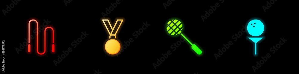 Set Jump rope, Medal, Tennis racket and Golf ball on tee icon. Vector