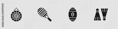 Set Classic dart board, Tennis racket, American Football ball and Rubber flippers for swimming icon. Vector