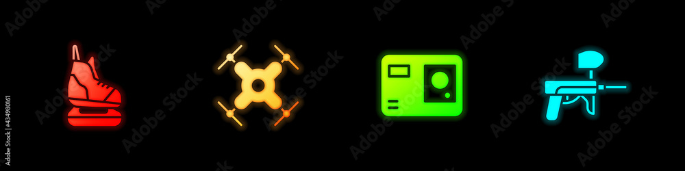 Set Skates, Drone flying, Action extreme camera and Paintball gun icon. Vector Set Skates, Drone flying, Action extreme camera and Paintball gun icon. Vector