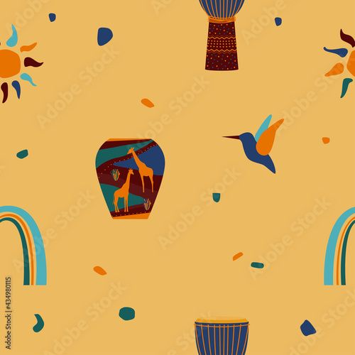 African national ethnic symbol seamless pattern background. Afro symbol seamles print for fabric, wallpaper, souvenir shop wrapping paper, summer dress textile, travel agency banner etc.