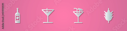 Set paper cut Glass bottle of vodka, Martini glass, Cocktail and Hop icon. Paper art style. Vector