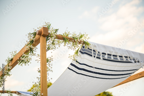 Fotografi Close up of Chuppah canopy cloth details for traditional Jewish wedding custom