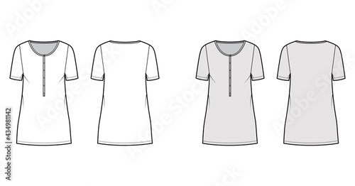 Dress henley collar technical fashion illustration with short sleeves, oversized body, mini length pencil skirt. Flat apparel front, back, white, grey color style. Women, men unisex CAD mockup