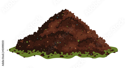 One big brown heap of organic compost in side view isolated illustration, fertile soil for growing garden crops. Vector illustration isolated on white background.