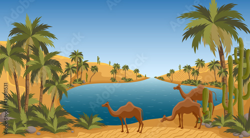 Desert oasis with palms nature landscape scene. Palm trees, pond and sands of Arabia. Egypt hot dunes with palm trees, bedouin and camels