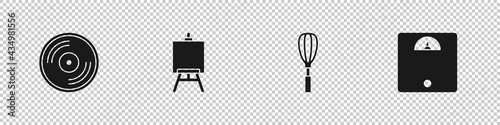 Set Vinyl disk, Easel or painting art boards, Kitchen whisk and Bathroom scales icon. Vector