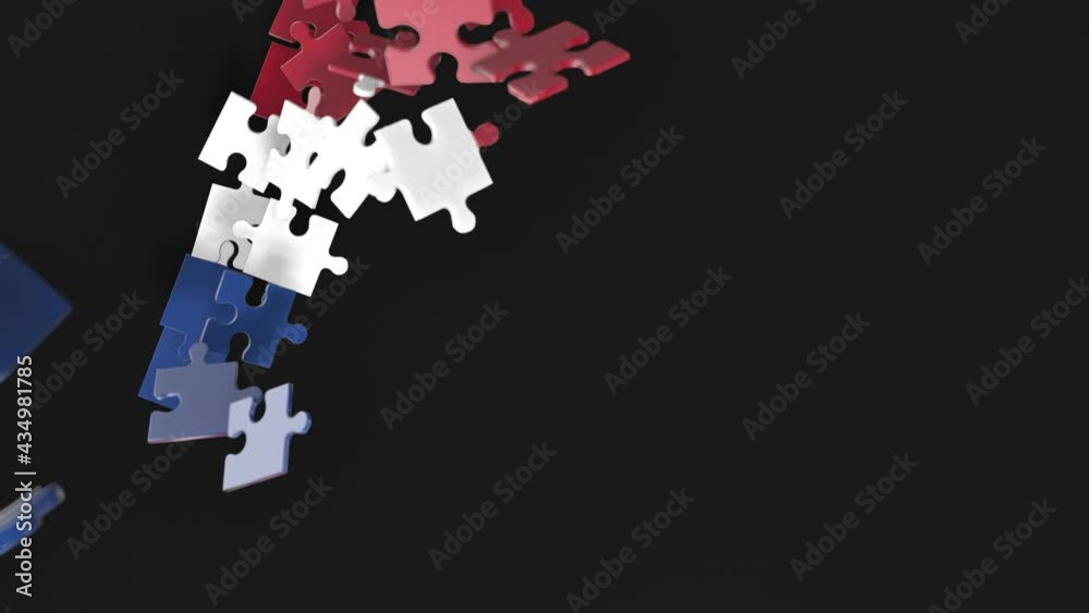 Animation of jigsaw puzzle assemble. Problem solving and completing concept. Netherlands national flag integration. Symbol of association and connection. Isolated on dark background. Animation of jigsaw puzzle assemble. Problem solving and completing concept. Netherlands national flag integration. Symbol of association and connection. Isolated on dark background.