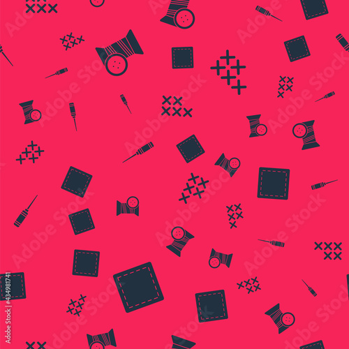 Set Sewing Pattern, thread and button, Awl tool and Adjustable embroidery hoop on seamless pattern. Vector