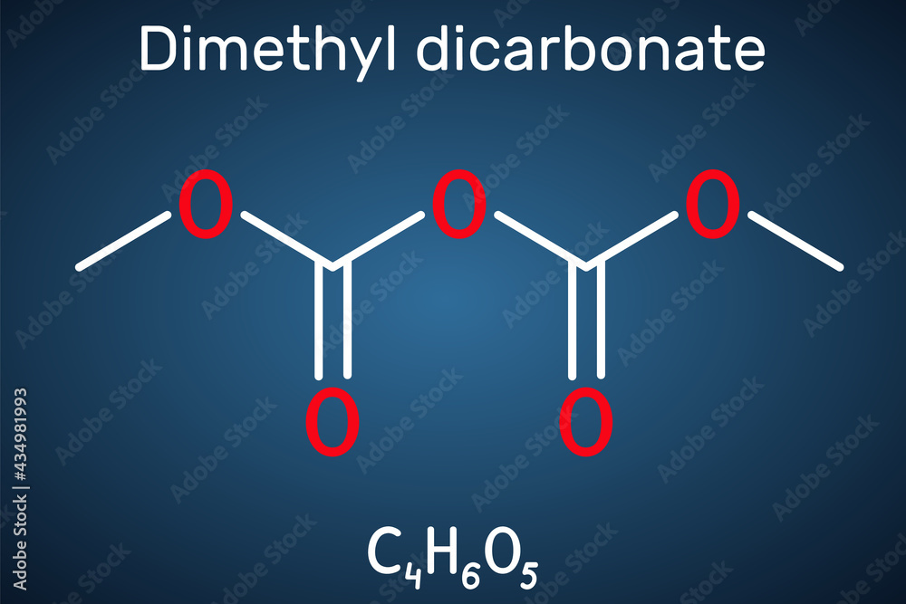 Dimethyl dicarbonate, DMDC, velcorin, dimethyl pyrocarbonate molecule. It is beverage preservative, sterilant, food additive E242. Structural chemical formula on the dark blue background Dimethyl dicarbonate, DMDC, velcorin, dimethyl pyrocarbonate molecule. It is beverage preservative, sterilant, food additive E242. Structural chemical formula on the dark blue background