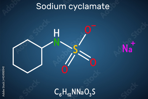 Sodium cyclamate molecule. Cyclamate is an artificial sweetener, food additive E952 . Structural chemical formula on the dark blue background photo