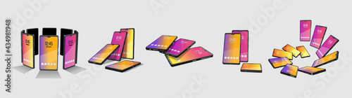 Set of a group of 3d models cell phones. Smartphones in different shapes and forms. 3d models elements for your design in vector. Creative pictures for your banner, cellular advertising poster