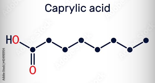 Caprylic acid, octanoic acid  molecule. It is straight-chain saturated fatty and carboxylic acid. Salts are octanoates or caprylates. Skeletal chemical formula