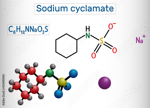 Sodium cyclamate molecule. Cyclamate is an artificial sweetener, food additive E952 . Structural chemical formula and molecule model