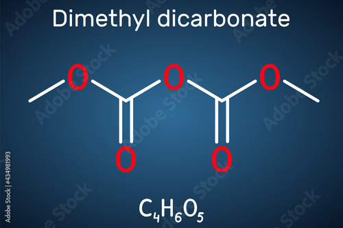 Dimethyl dicarbonate, DMDC, velcorin, dimethyl pyrocarbonate molecule. It is beverage preservative, sterilant, food additive E242. Structural chemical formula on the dark blue background photo