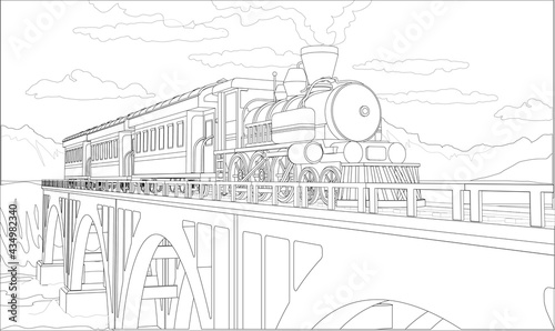 Vector coloring page with 3d model train on the bridge. Beautiful vector illustration with train travel. Vintage retro train graphic vector
