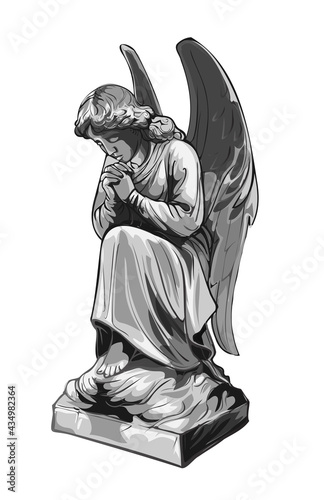 Crying praying Angel sculpture with wings. Monochrome illustration of the statue of an angel. Isolated. Vector illustration