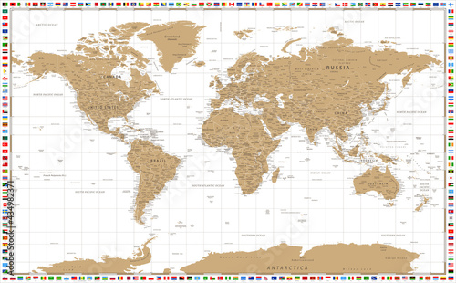 World Map - Golden Sepia Map on White Background. Flags included. Vector Setailed