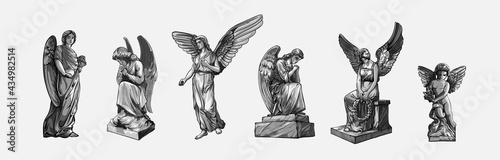 Set off Crying praying Angels sculptures with wings. Monochrome illustration of the statues of an angel. Isolated. Vector illustration