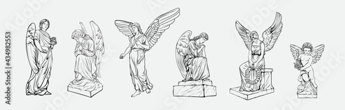 Set off Crying praying Angels sculptures with wings. Coloring page of the statues of an angel. Silhouettes of angel statues. Isolated. Vector illustration