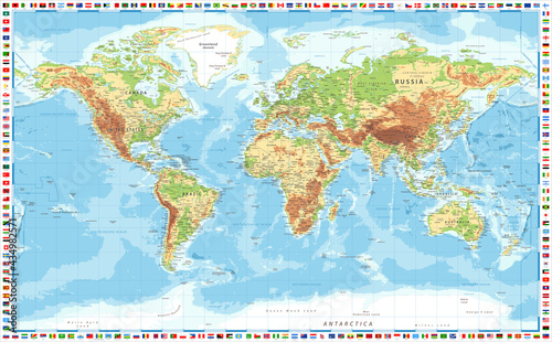 Topographic World Map and Flags - Vector Illustration. Physical Relief