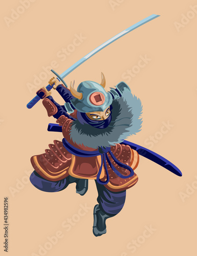 Ancient cartoon huge warrior fighter soldier and military man in samurai hard red armor from various culture such as ninja Chinese or japanese warrior character. Isolated