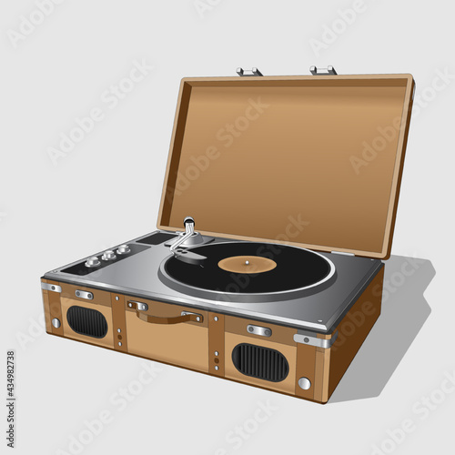 Vector neat accurate illustration of vintage turntable. Record player vinyl record. Realistic retro old turntable on white background. Isolated