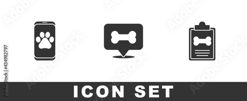 Set Veterinary clinic, Dog bone and Clinical record pet icon. Vector