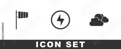 Set Cone windsock wind vane, Lightning bolt and Sun and cloud weather icon. Vector