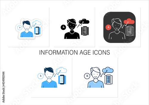 Information age icons set. Opportunities for individuals to process information freely.Collection of icons in linear, filled, color styles. Isolated vector illustrations 