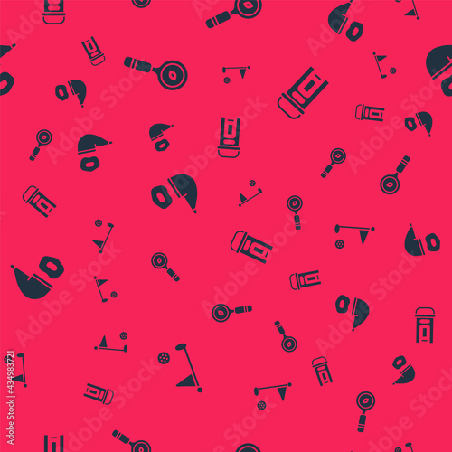 Set Golf flag, Magnifying glass, Smoking pipe and London phone booth on seamless pattern. Vector