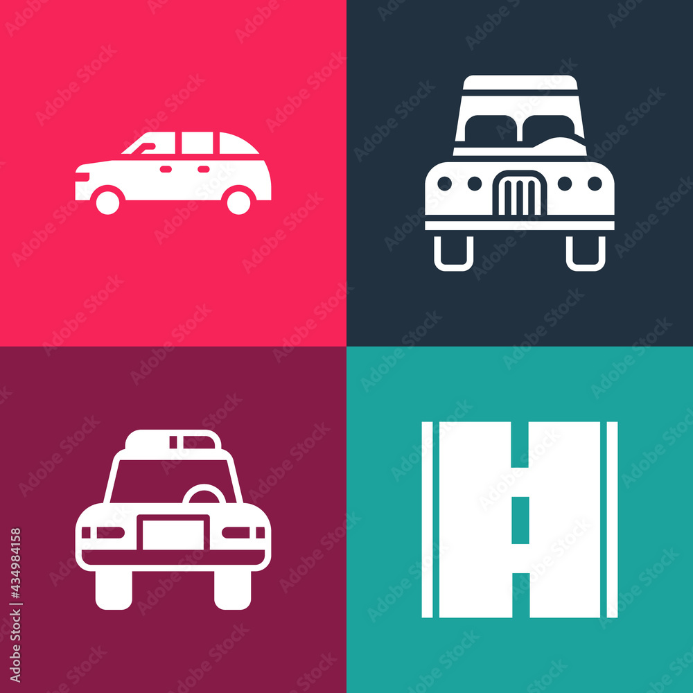 Set pop art Road, Police car and flasher, Car and Hatchback icon. Vector Set pop art Road, Police car and flasher, Car and Hatchback icon. Vector