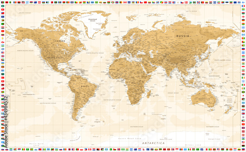 Golden Physical World Map and All Flags of the World. Vector Illustration.