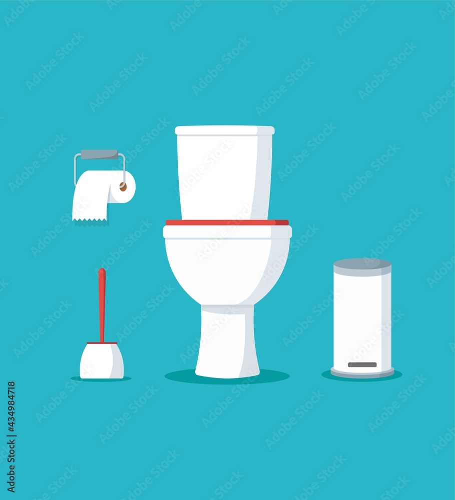 Ceramic toilet bowl with paper roll and brush. Interior for bathroom or wc. Sanitary washroom on isolated background. Flat vector illustration Ceramic toilet bowl with paper roll and brush. Interior for bathroom or wc. Sanitary washroom on isolated background. Flat vector illustration