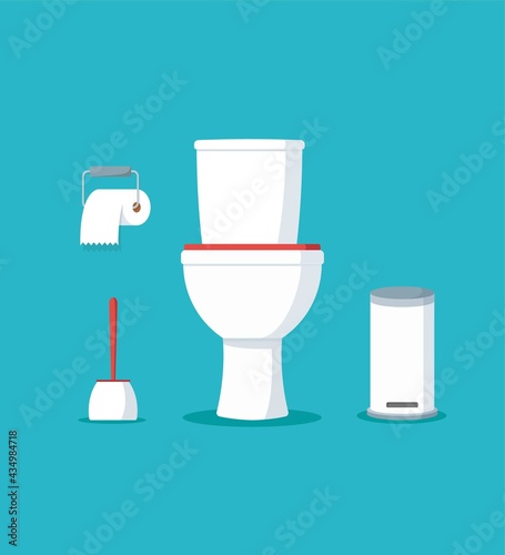 Ceramic toilet bowl with paper roll and brush. Interior for bathroom or wc. Sanitary washroom on isolated background. Flat vector illustration