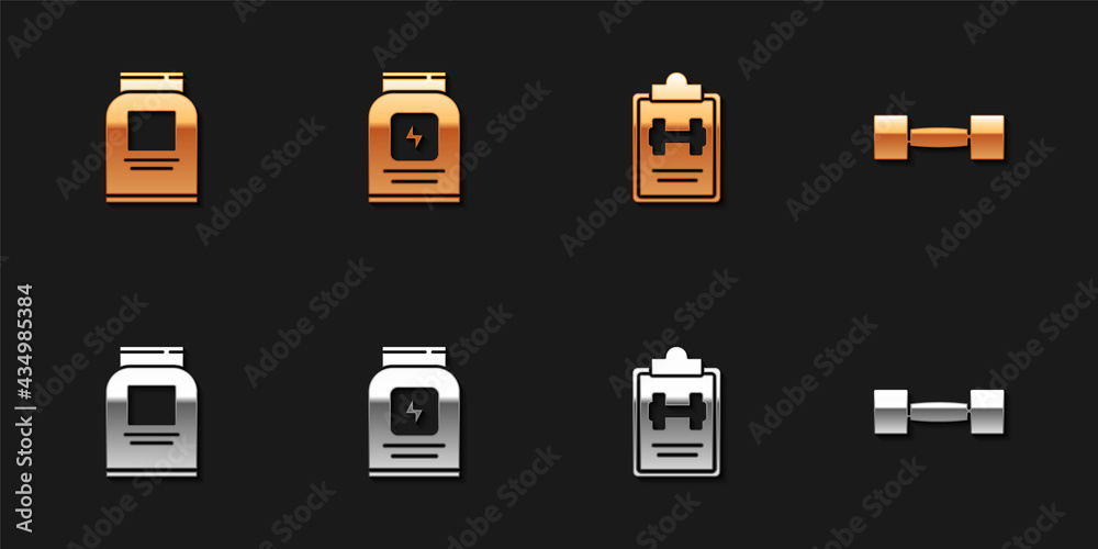 Set Sports nutrition, , training program and Dumbbell icon. Vector Set Sports nutrition, , training program and Dumbbell icon. Vector