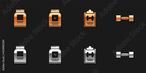 Set Sports nutrition, , training program and Dumbbell icon. Vector
